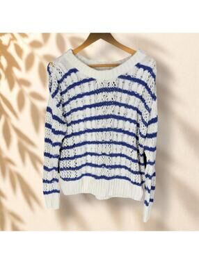 Sonoma Sweater Pullover Women M Medium White Striped Long Sleeve Knit Soft Cozy